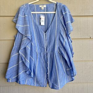 NWT Vintage America Blues Womens 2X Blue Striped Ruffle Sleeve Peplum Cotton Top